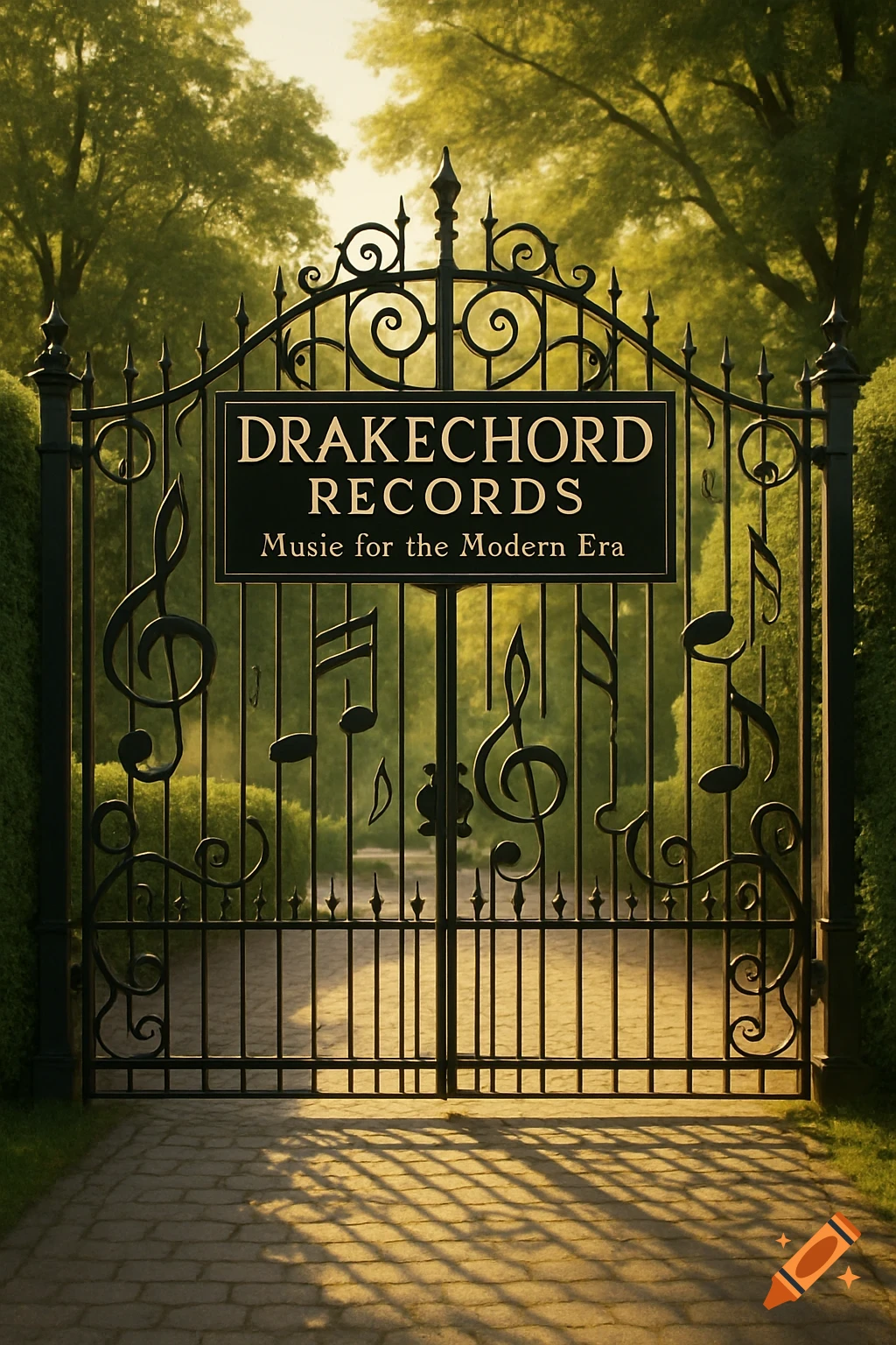 A decorative black metal gate adorned with musical notes and a sign reading "DRAKECHORD RECORDS - Music for the Modern Era" opens to a sunlit path within a lush green garden.