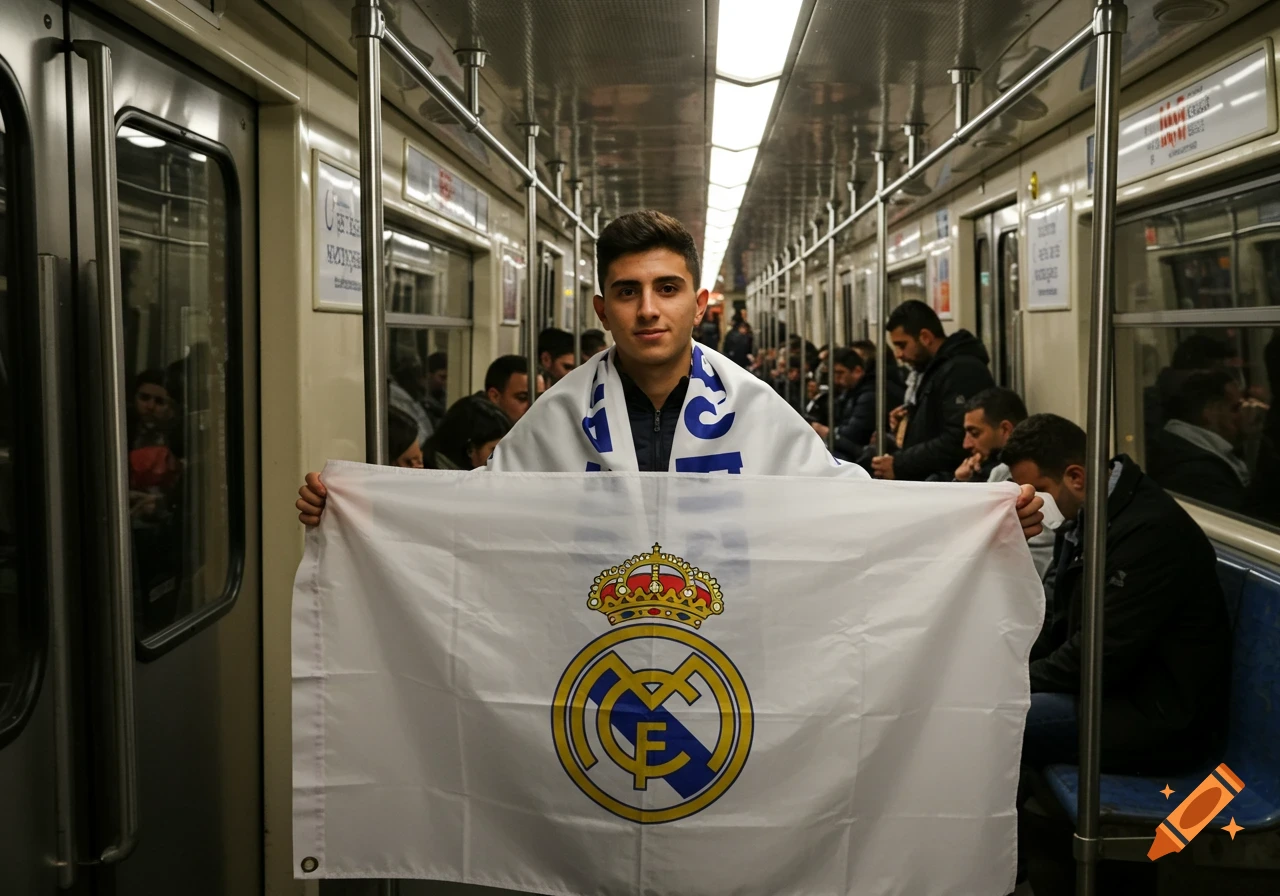 Young man holding a Real Madrid flag in a subway train, looking at the camera.