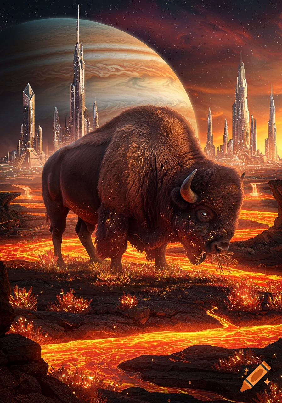 A majestic bison stands on a lava landscape with a futuristic city and Jupiter in the background.