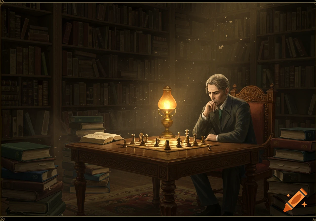 A man with grey hair sits at a wooden table in a dimly lit, dusty library, intently contemplating a game of chess with an antique oil lamp illuminating the board. Stacks of old books are piled around him.