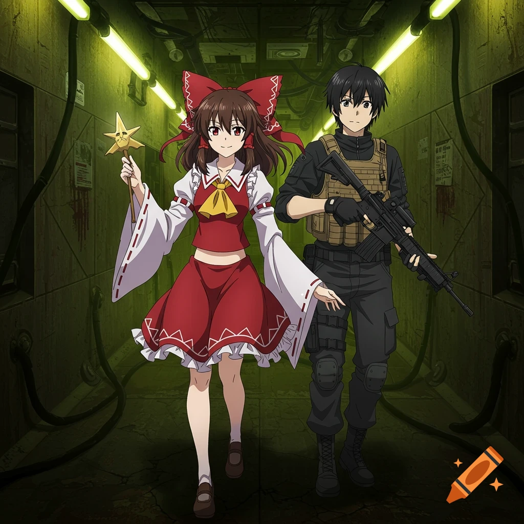 An anime girl in a red and white outfit holds a star-topped staff, walking with a boy in tactical gear holding an assault rifle through a dim, industrial corridor.