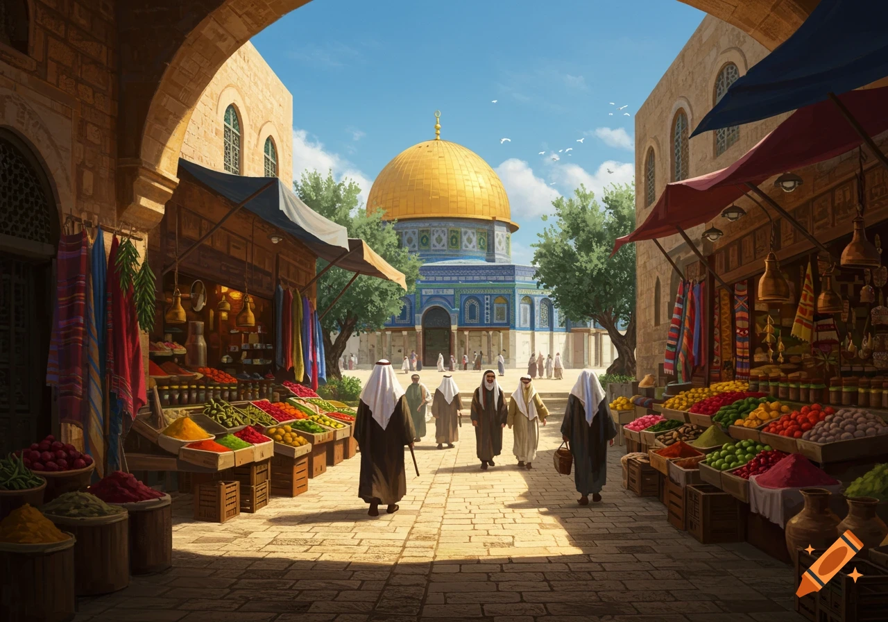 A bustling Middle Eastern market street with colorful spice and textile stalls, people in traditional attire, and a golden-domed mosque in the background.