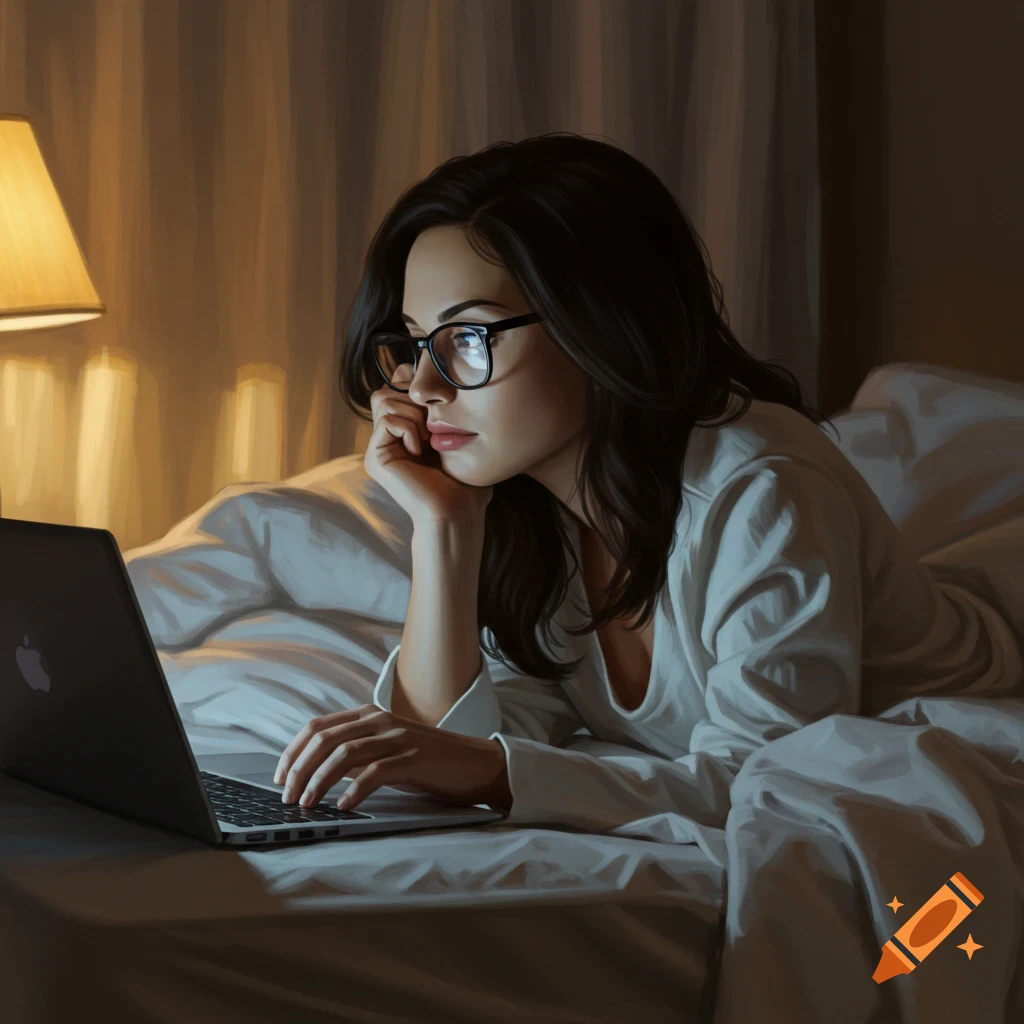 Digital painting of a brunette woman in glasses, wearing pajamas, lying on a bed and using a laptop in a dimly lit room.