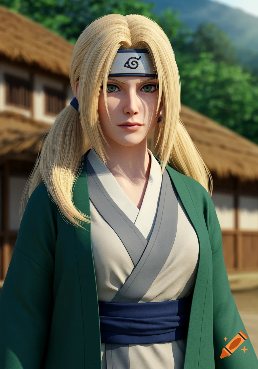 A realistic portrait of Tsunade from Naruto, with blonde pigtails, green eyes, wearing a Konoha headband and green kimono-like attire, in a village setting.