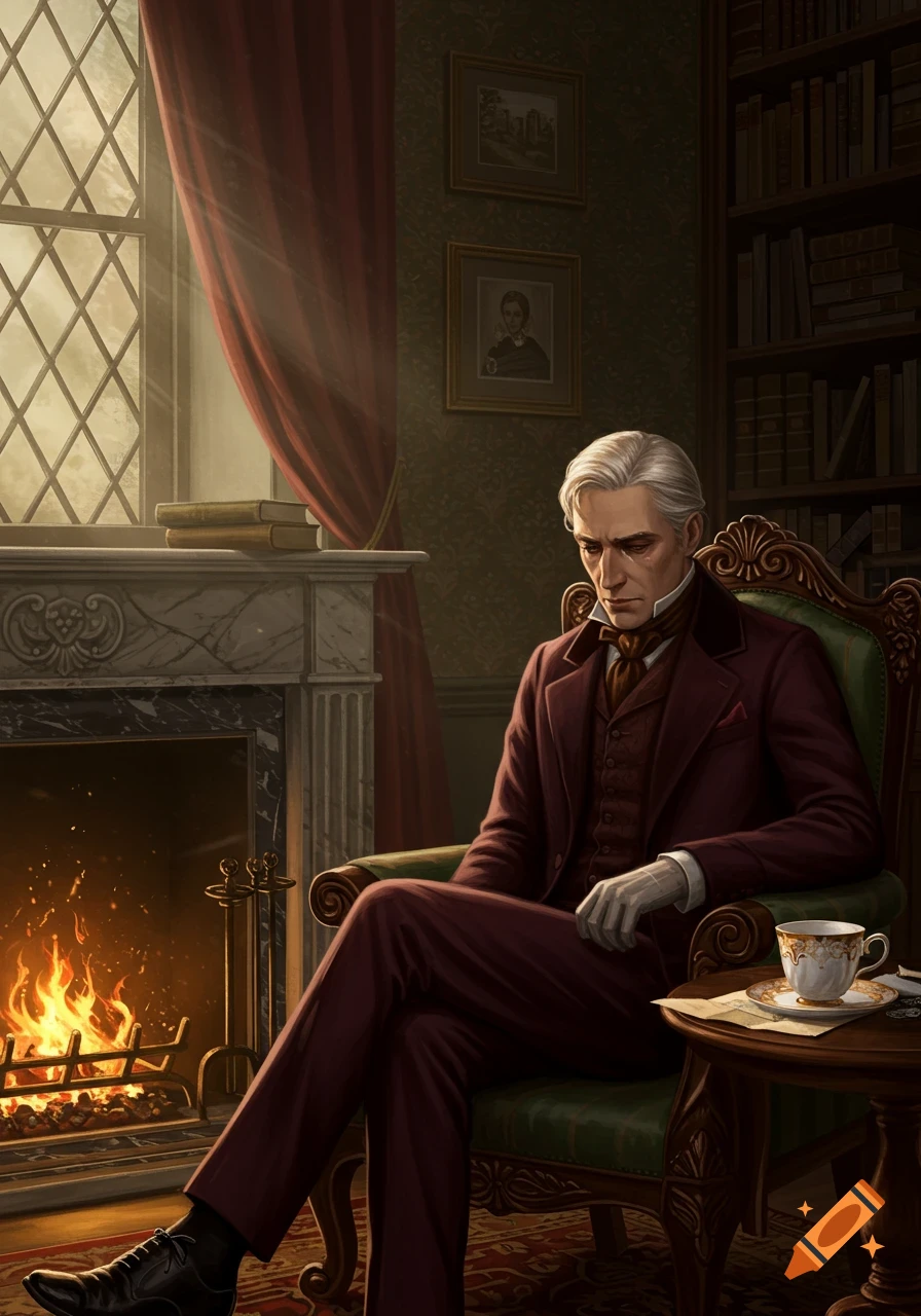 A sad man with white hair sits in a green armchair by a roaring fireplace in a dimly lit Victorian study.