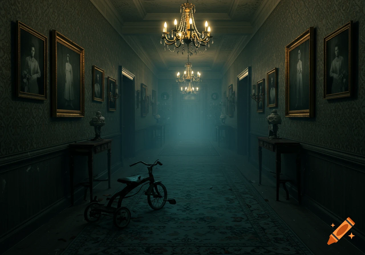 A dark, eerie, foggy hallway in an old mansion with chandeliers, framed portraits, and a tricycle in the foreground, cinematic style.