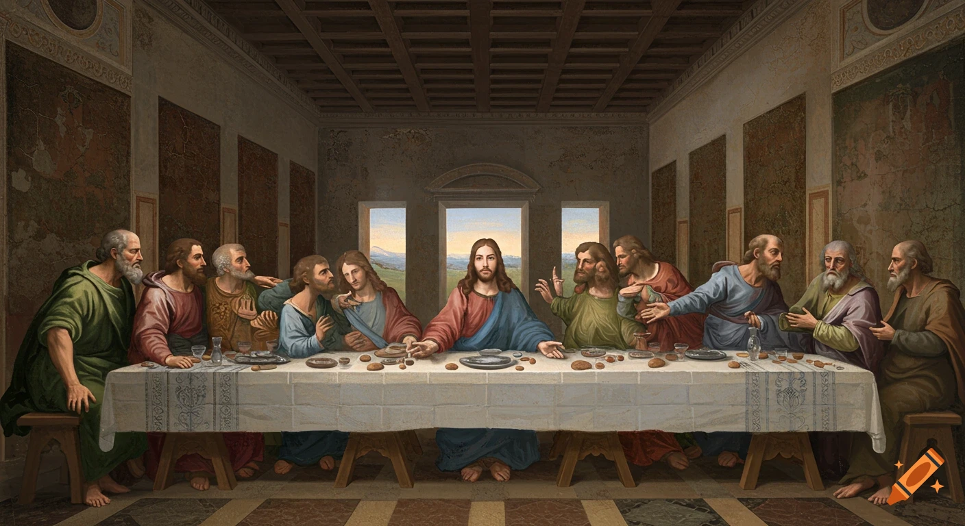 A detailed painting resembling Leonardo da Vinci's Last Supper, depicting Jesus and his twelve disciples seated at a long table in a spacious room.