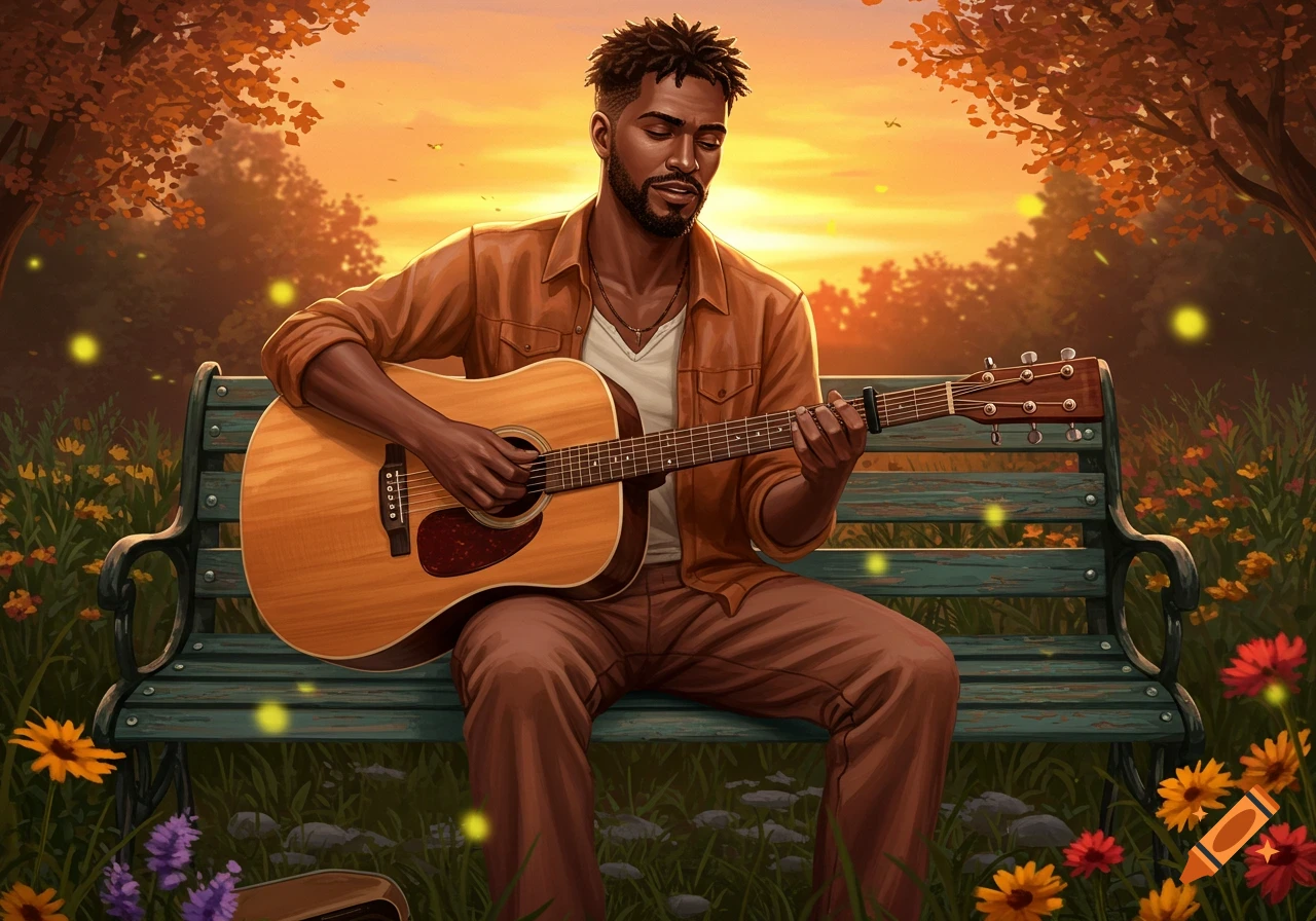 A man with dark skin and dreadlocks plays an acoustic guitar on a park bench at sunset in an autumn landscape.