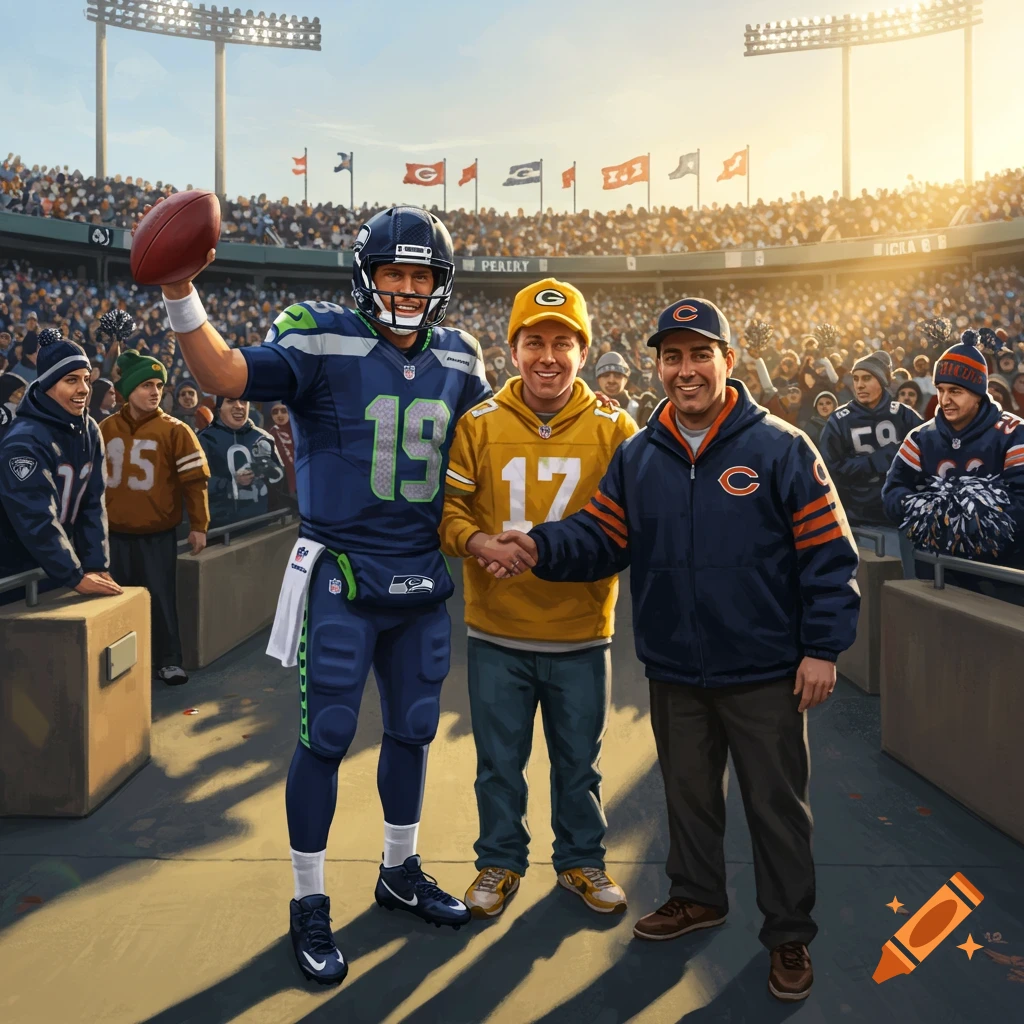 A Seattle Seahawks player in a number 19 jersey holds a football while standing between a Green Bay Packers fan and a Chicago Bears fan who are shaking hands on a football field. The stadium is filled with cheering fans under a sunny sky.