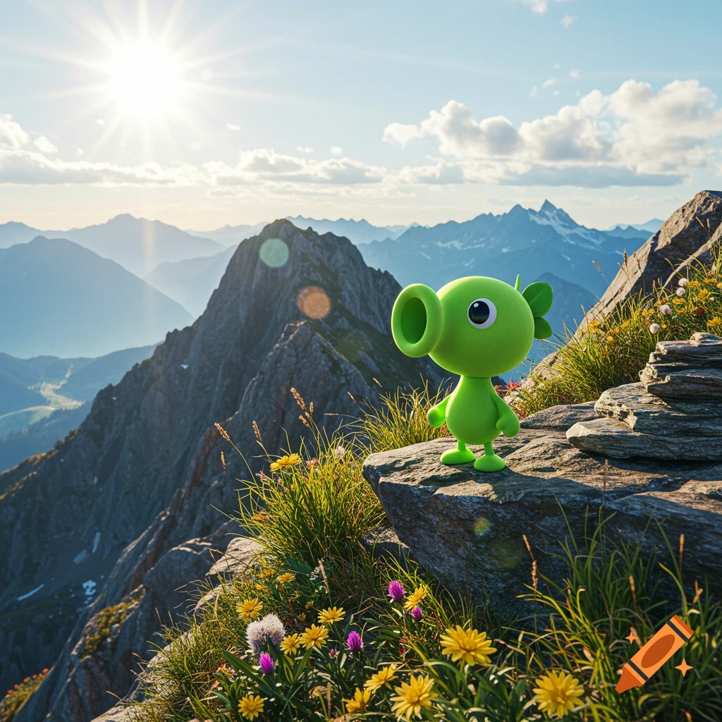 A green, cartoon peashooter character stands on a rocky mountain peak under a bright sun, with distant mountains.
