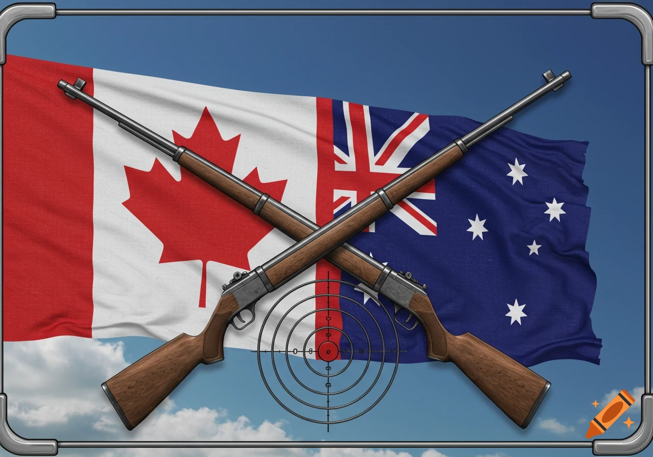 Two rifles crossed over Canadian and Australian flags with a target reticle in the center, against a blue sky.