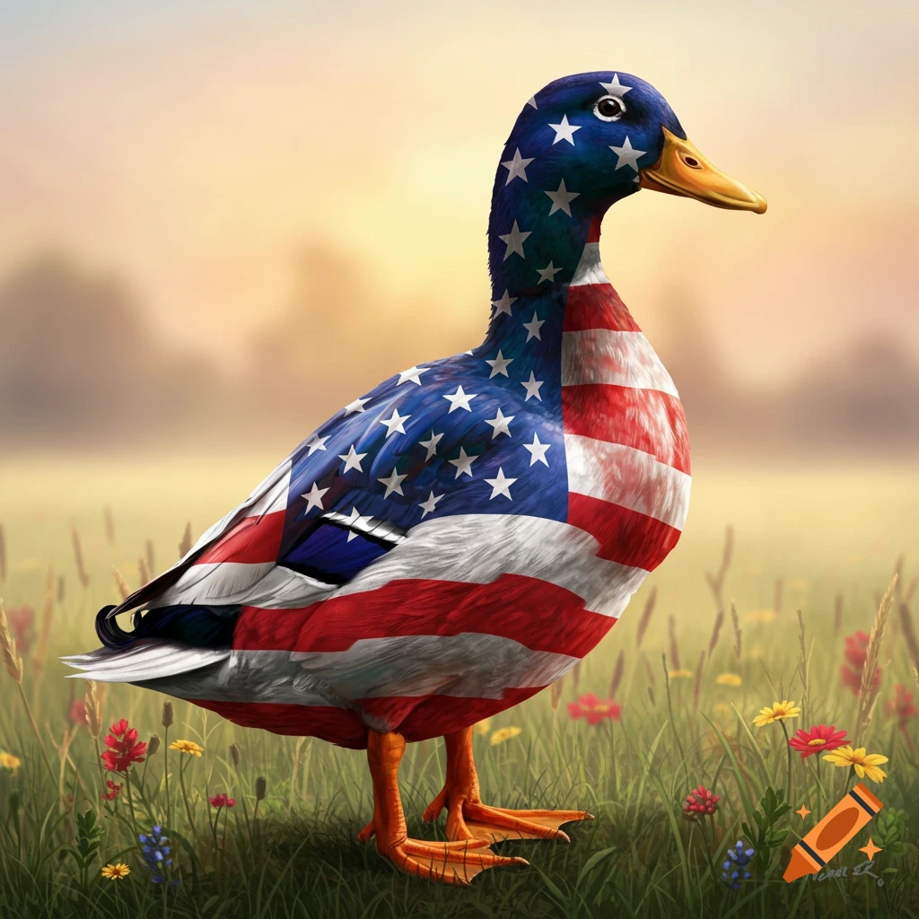 Photorealistic duck painted as an American flag, standing in a field of green grass and wildflowers under a warm sky.