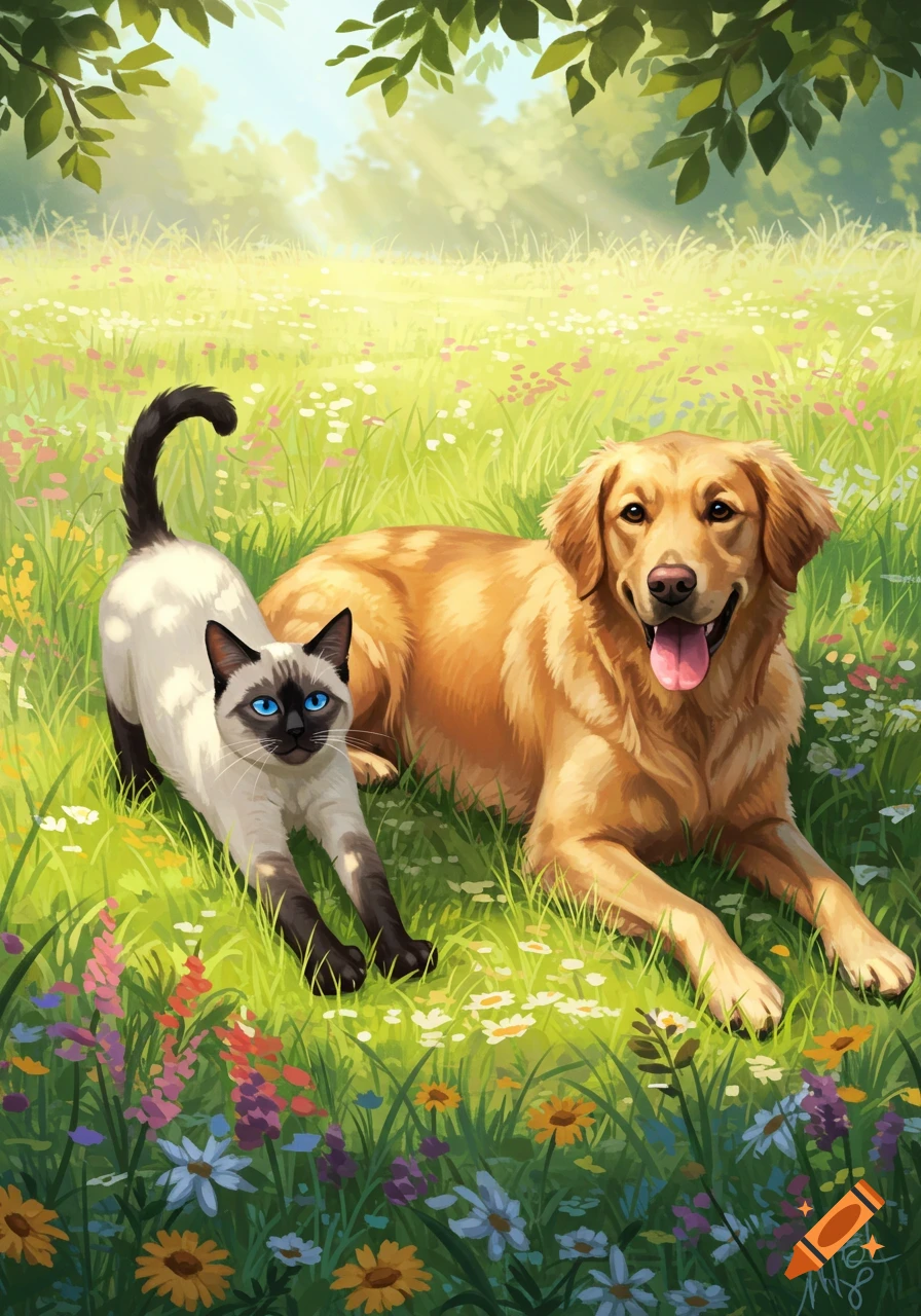 A Siamese cat stretches next to a golden retriever, both lying in a sunlit field of colorful wildflowers under green tree leaves.
