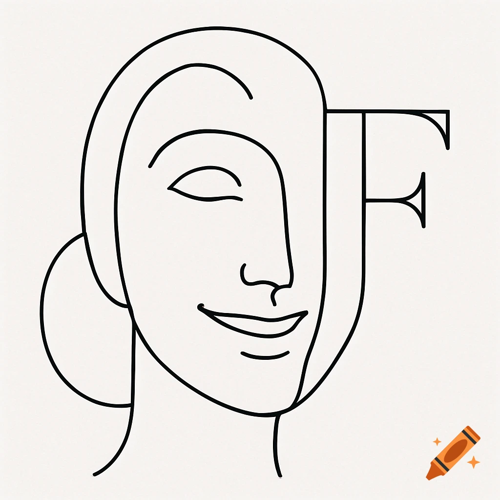Minimalist black line art of a smiling face merged with a large letter 'F' on a light background.