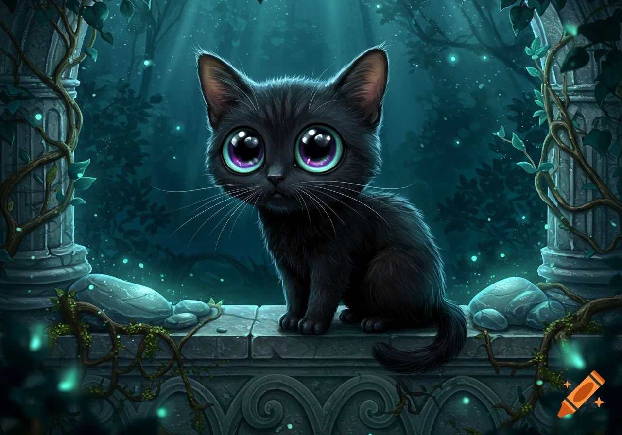 A cute black cat with huge purple eyes and big ears sits on a stone ledge in a magical, glowing forest.