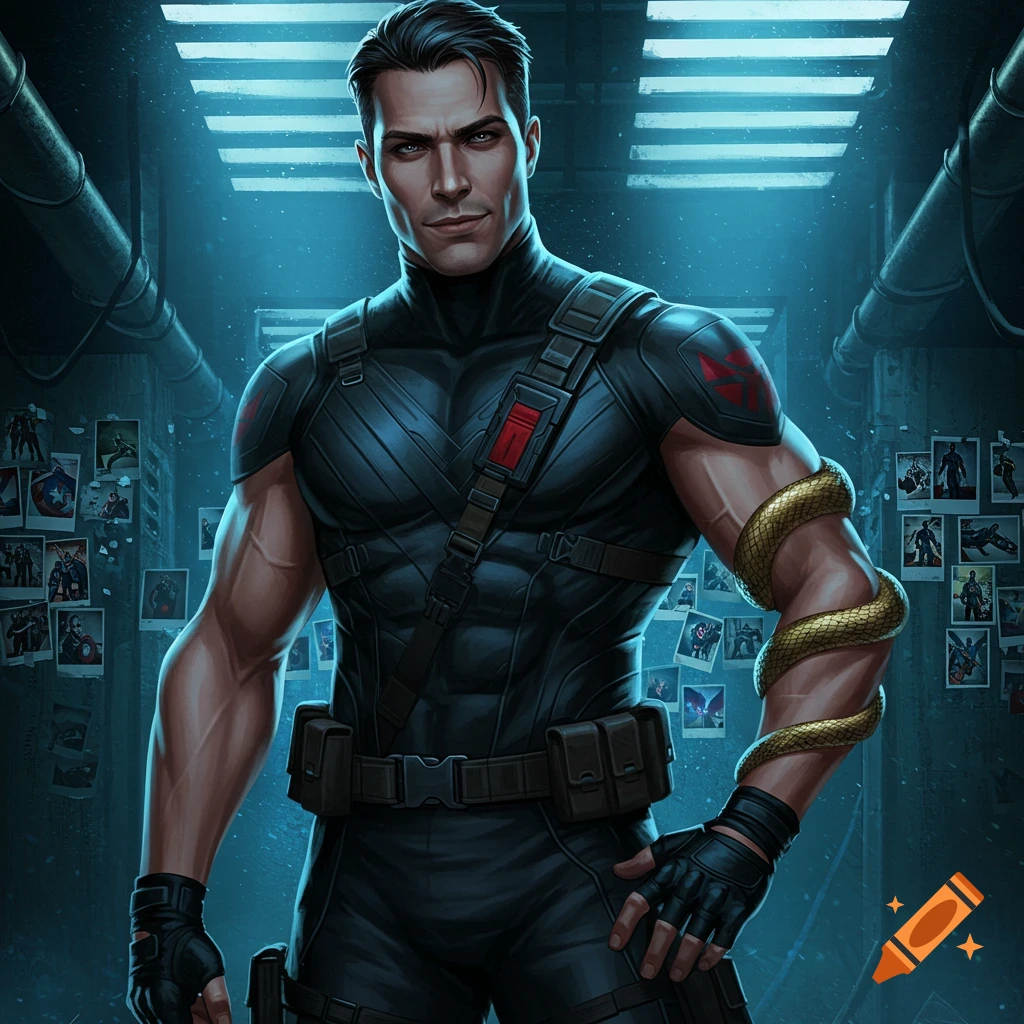 A handsome, muscular man in a black tactical suit with a golden snake wrapped around his left arm stands in a dark, blue-lit underground chamber.