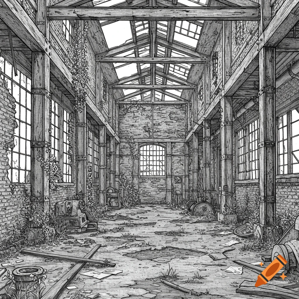 A detailed line art drawing of a decaying abandoned factory with broken windows, a collapsed roof, and debris on the floor.