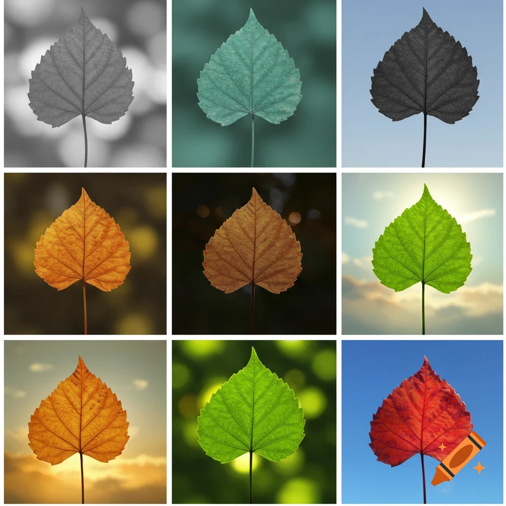 A 3x3 grid of nine close-up images of single leaves, showing various colors and backgrounds.