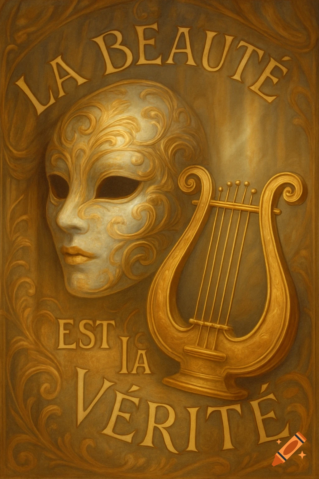 An Art Nouveau style painting of an ornate Venetian mask and a golden lyre, with the French text "La beaut é est la v érit é" in stylized lettering.