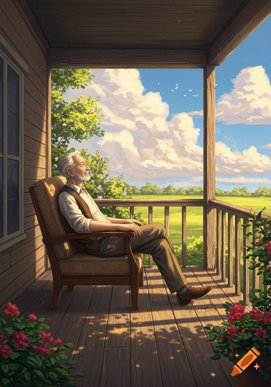 Illustration of a smiling elderly man with a white beard relaxing on a wooden porch, looking at a sunny sky with clouds over a green field.
