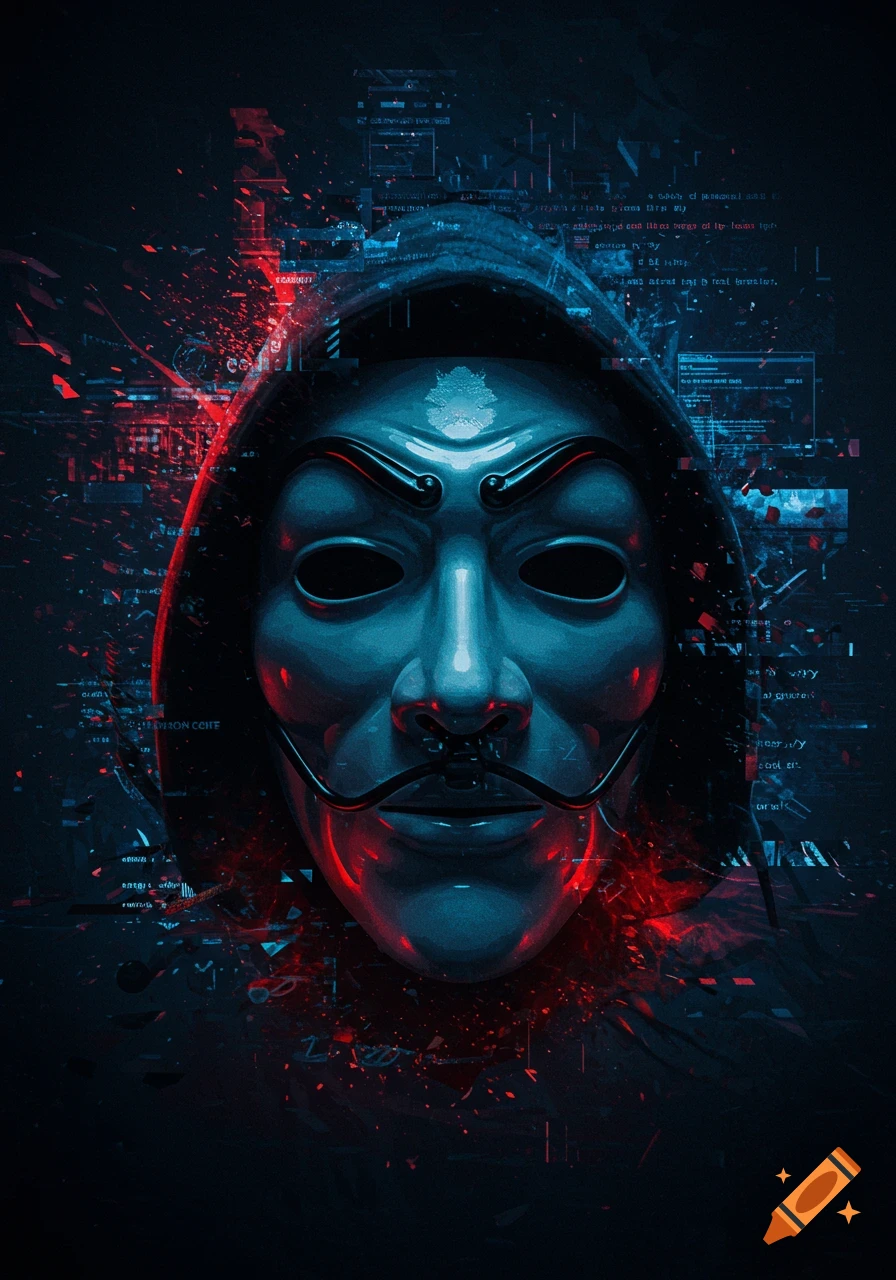 A stylized digital art portrait of a blue Guy Fawkes mask with a black hood, surrounded by red and blue digital code fragments on a dark background.