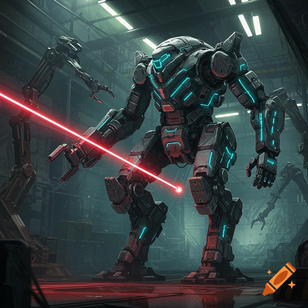 A large grey and black mech suit with glowing blue accents fires a red laser from its arm in a dark, industrial sci-fi setting.