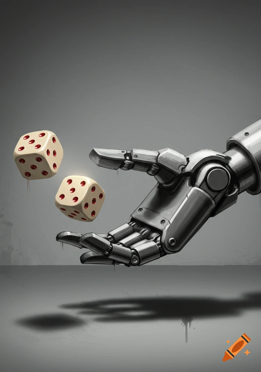 A metallic robotic arm throws two white dice with red dots into the air against a gray background, in an illustrative style.