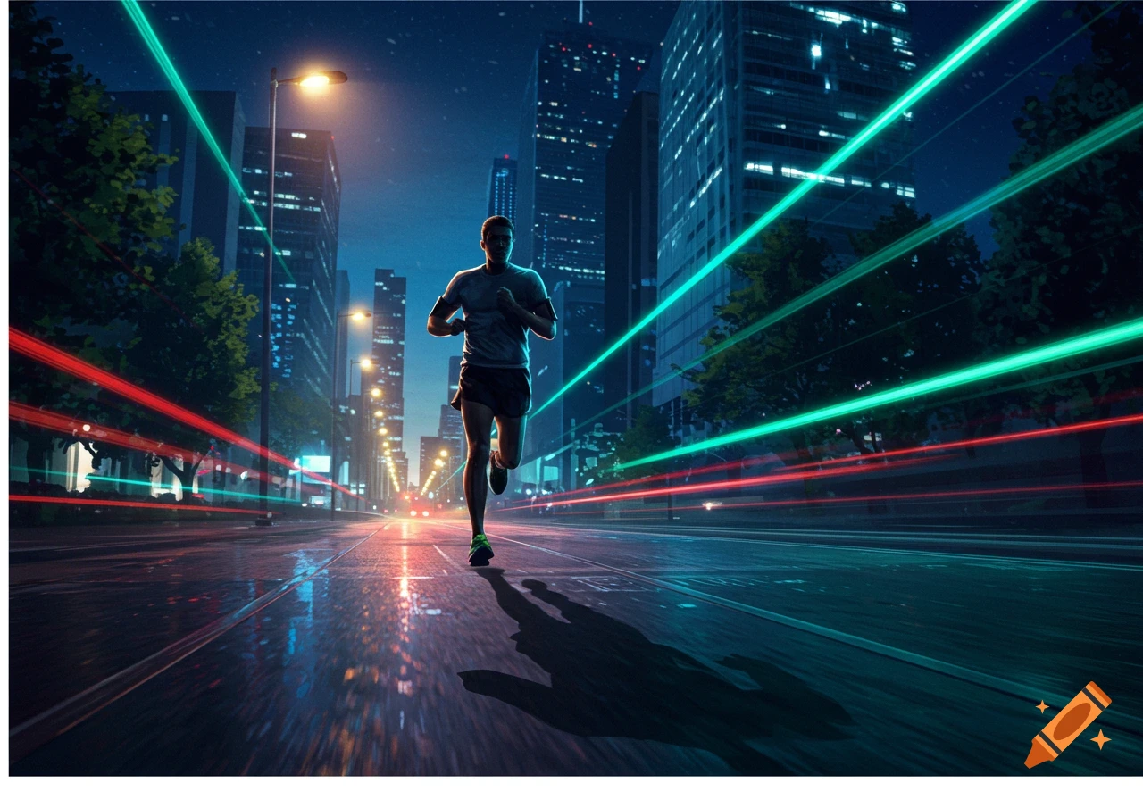 A man runs down a wet city street at night, illuminated by neon green and red light trails and streetlights.
