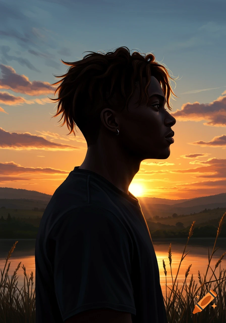 Illustrative profile of a person with textured hair, silhouetted against a vibrant sunset over a lake and hills.