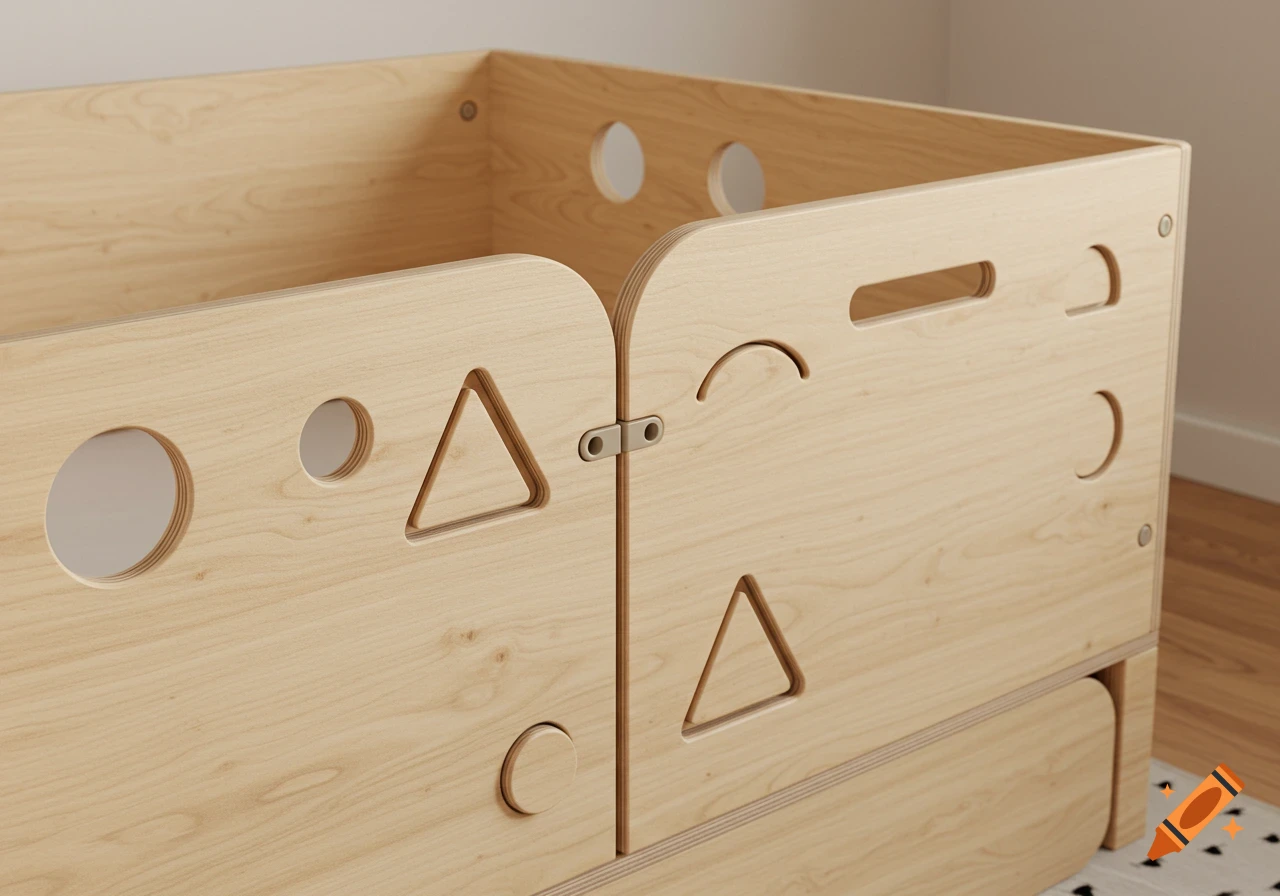Realistic 3D render of a natural plywood toddler bed side panel with geometric cutouts and precise join lines.