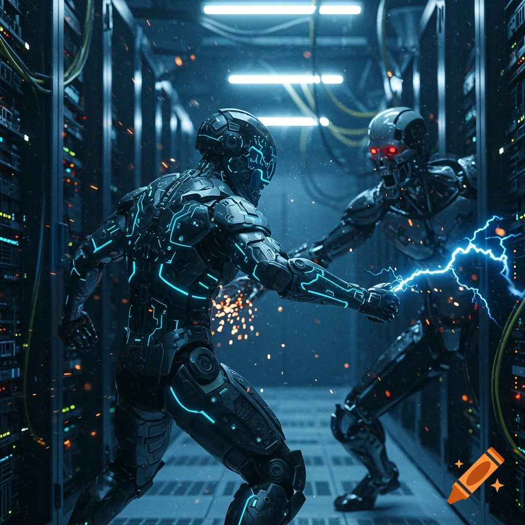 A detailed, futuristic image shows two armored robots fighting in a glowing data center, with one robot striking the other with electricity.