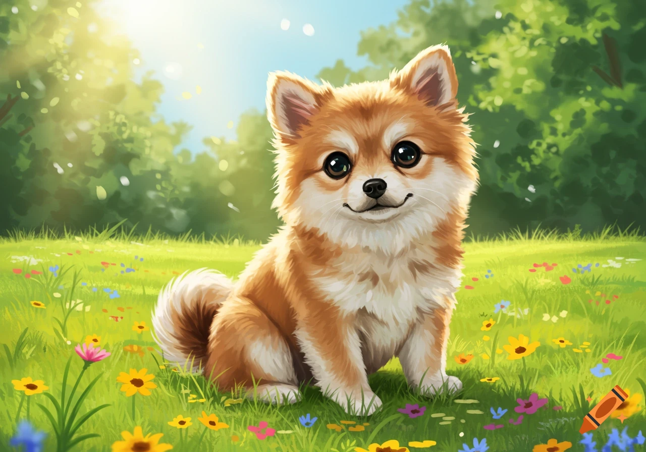 A cute, fluffy orange and white cartoon puppy with big eyes sits smiling in a bright green field filled with colorful flowers.