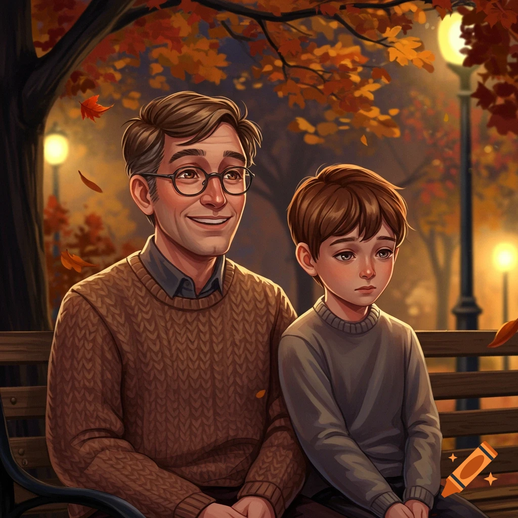 A smiling man with glasses and a sad boy sit on a park bench surrounded by autumn trees and streetlights, digital illustration.