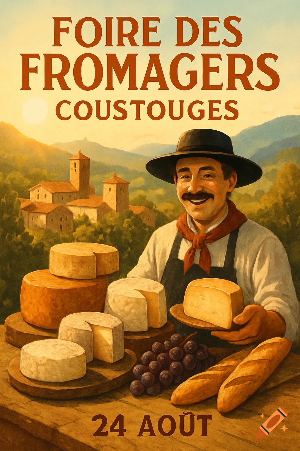 A painterly poster for a cheesemakers' fair, showing a smiling man with various cheeses, grapes, and bread in a rural village setting.