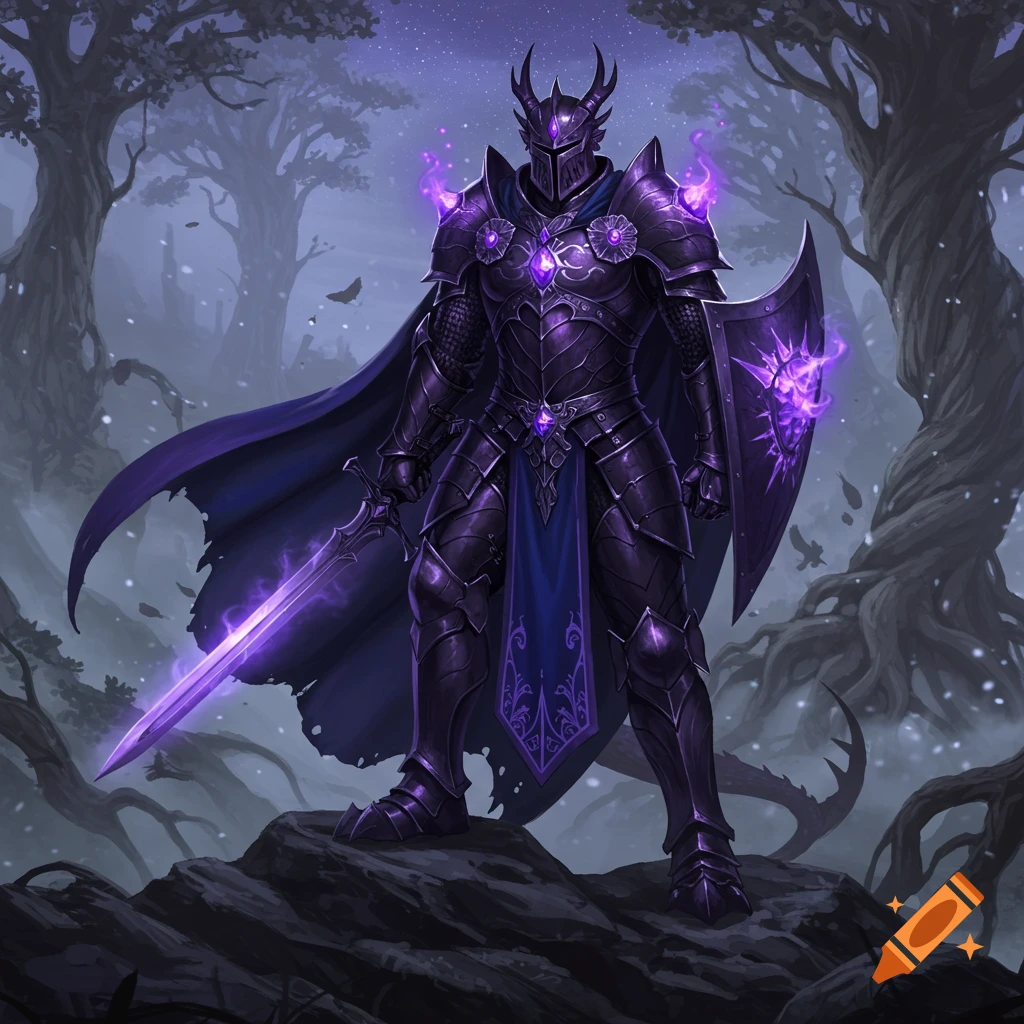 A fantasy knight in black and purple armor with glowing purple accents stands on a rocky outcrop in a dark, misty forest.