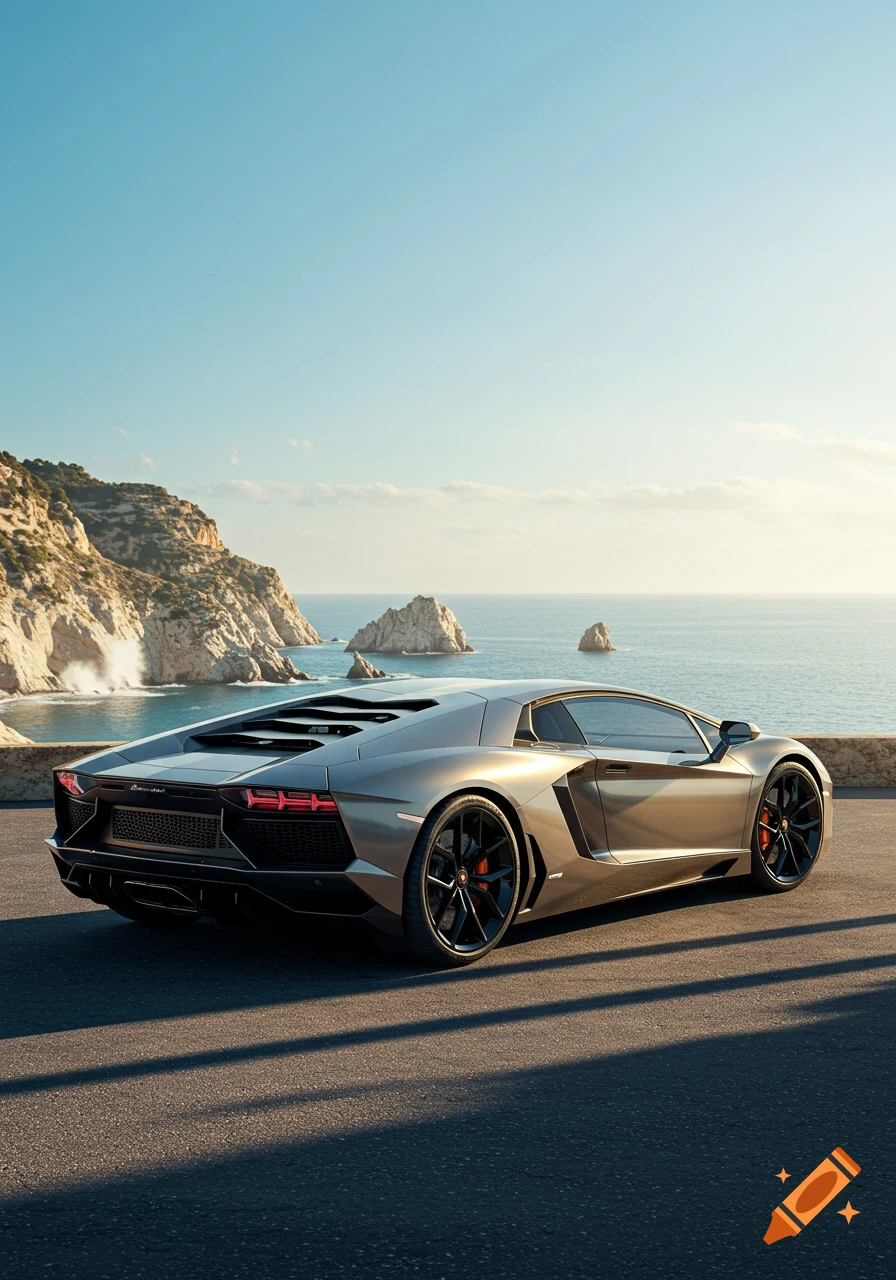 A sleek silver Lamborghini sports car is parked on a coastal road, overlooking the ocean with rocky cliffs and a bright blue sky.