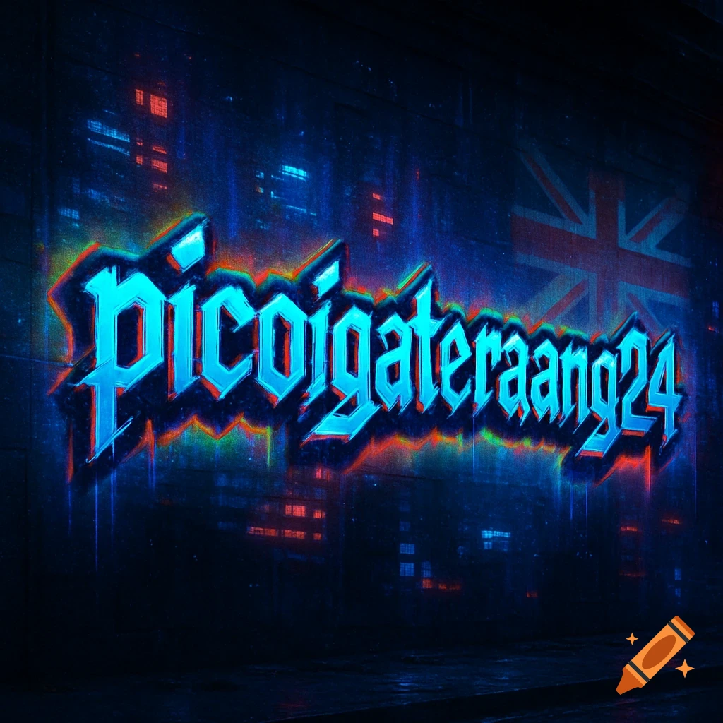 Neon blue and red glitchy graffiti text 'picogigateragang24' on a dark, cyberpunk city wall with a faded UK flag.