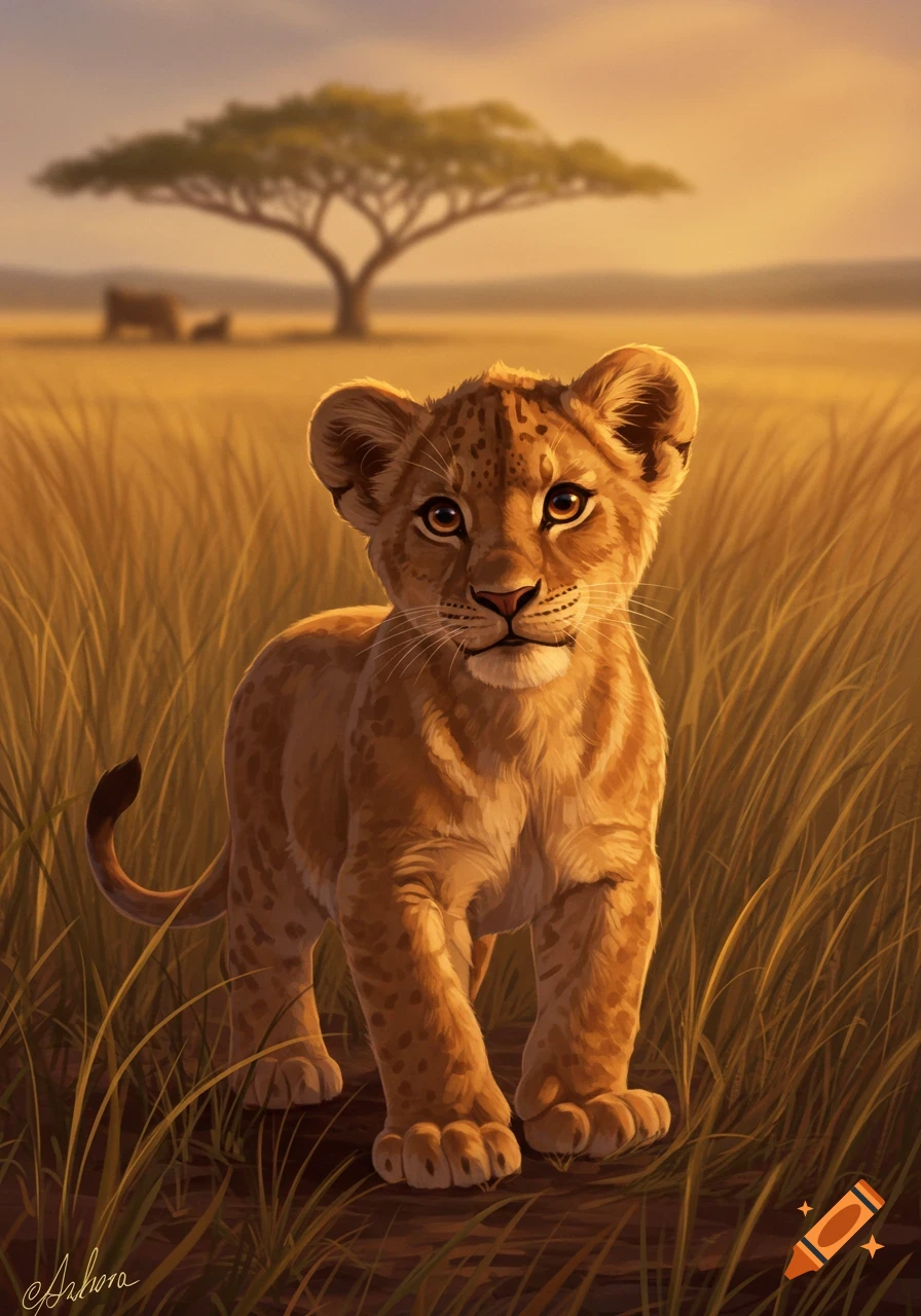A cute lion cub stands in tall golden grass in an African savannah at sunset, with an acacia tree and other animals in the blurred background.