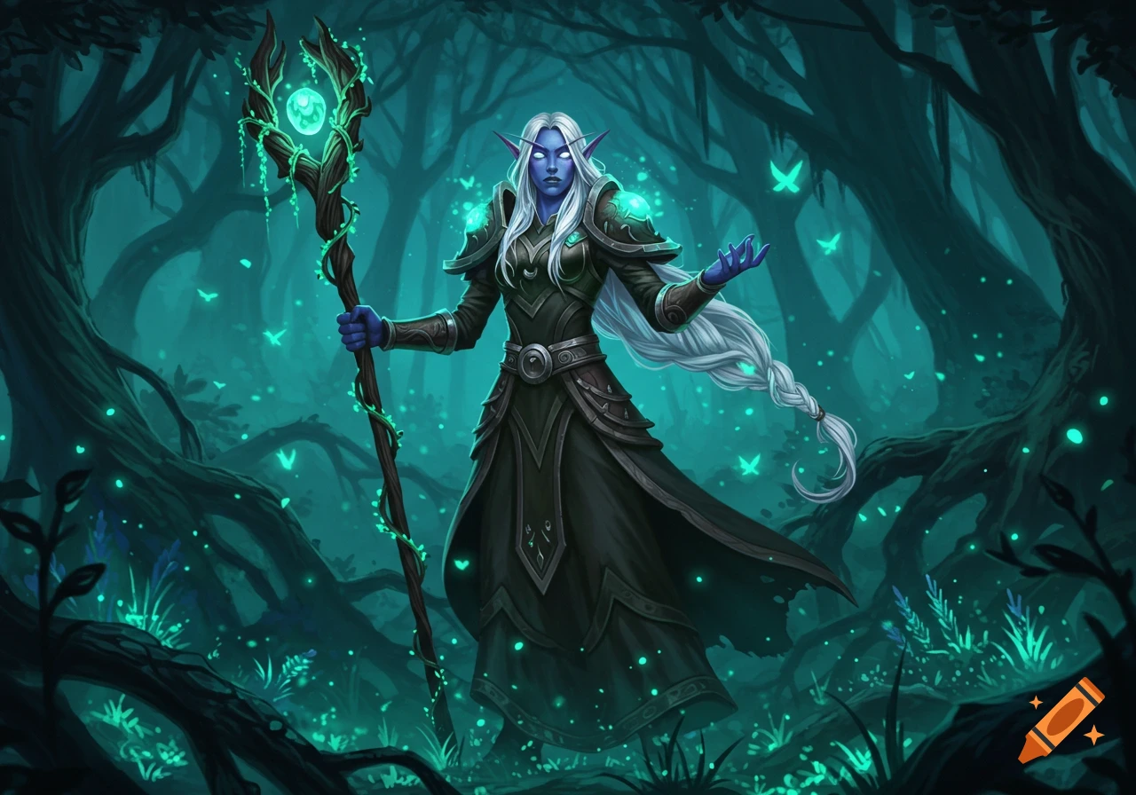 A white-haired, blue-skinned female night elf druid with a glowing staff stands in a dark turquoise magic forest.