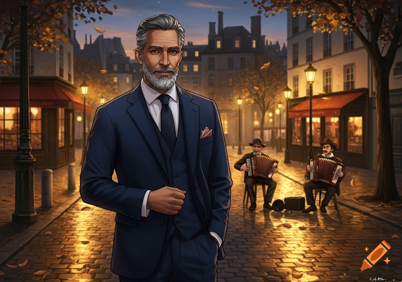 Stylish man in a dark blue suit on an autumnal Parisian cobblestone street, with accordion players in the background, illustrated.