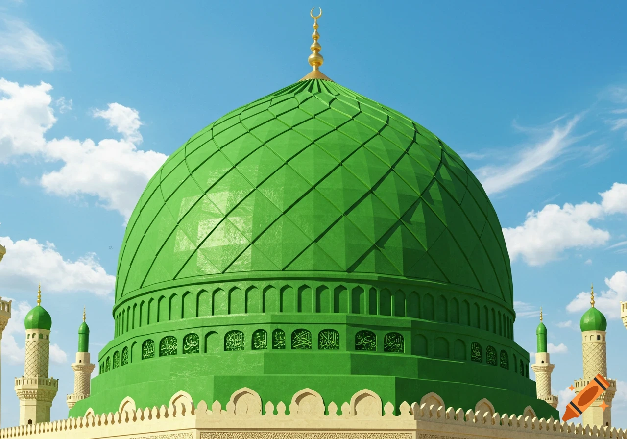 A vibrant green mosque dome with a golden crescent finial, featuring segmented patterns and decorative script, against a blue sky with white clouds.