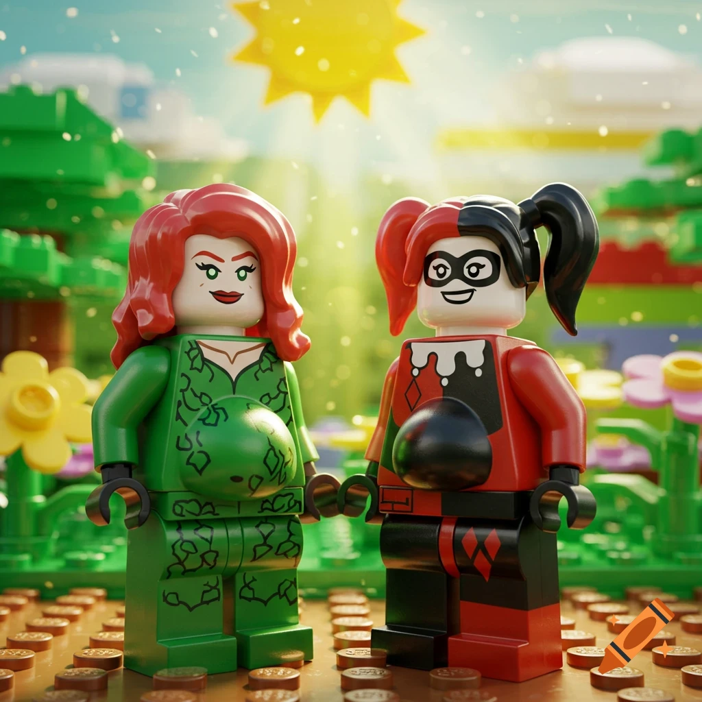 Pregnant Lego minifigures of Poison Ivy and Harley Quinn stand in a sunny, green Lego garden.