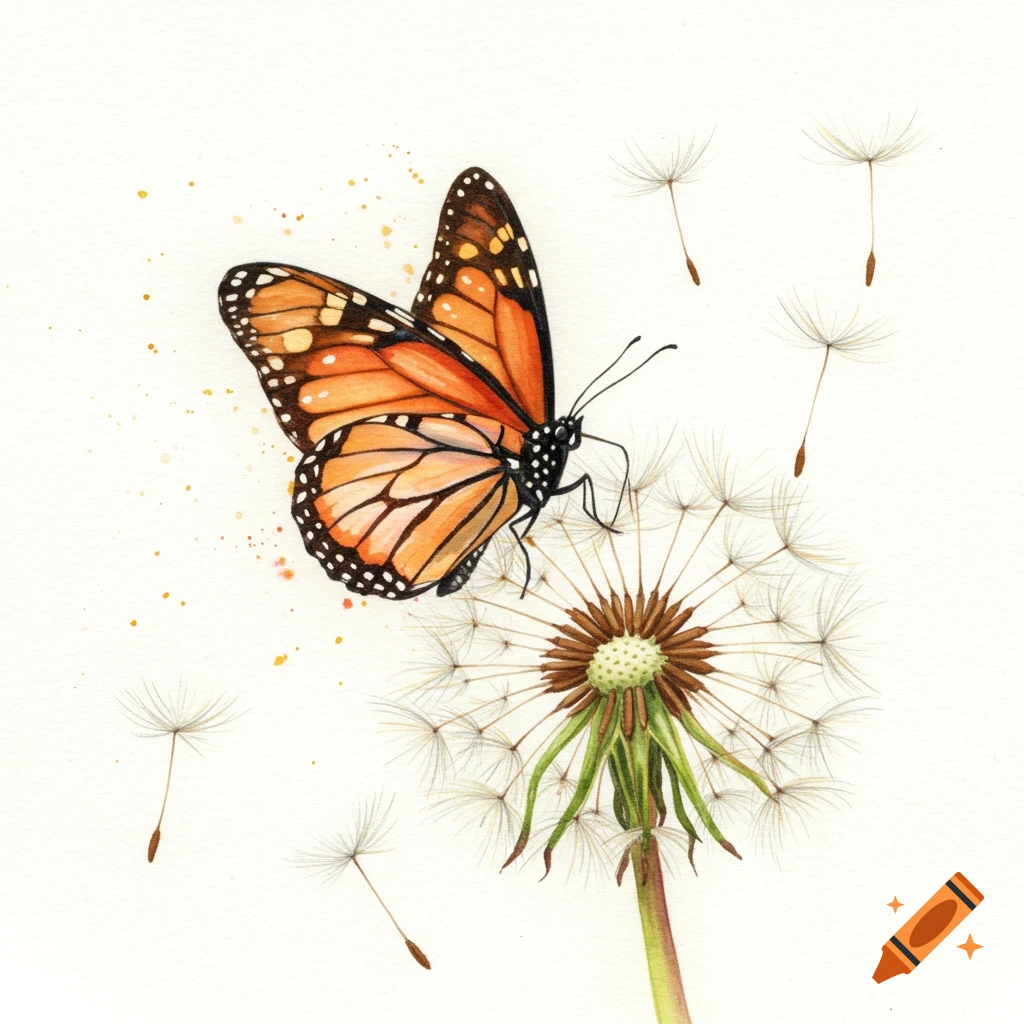 A watercolor painting of an orange monarch butterfly perched on a dandelion puff with seeds floating around.
