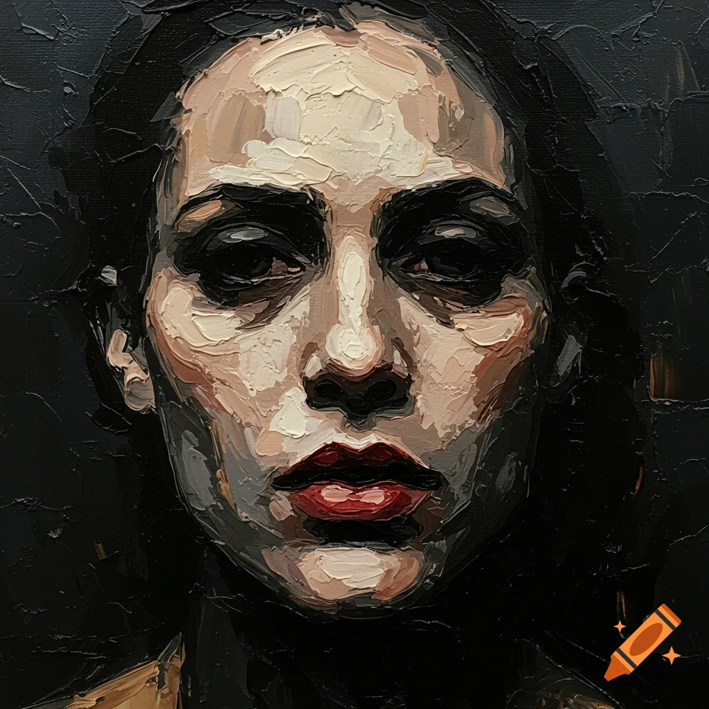 Close-up expressive impasto oil painting of a woman's face with dark, muted colors and bold red lips.