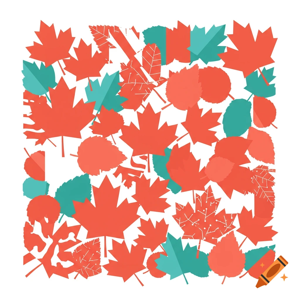 An abstract, square illustration filled with a dense, overlapping pattern of stylized coral and turquoise maple leaves on a white background.
