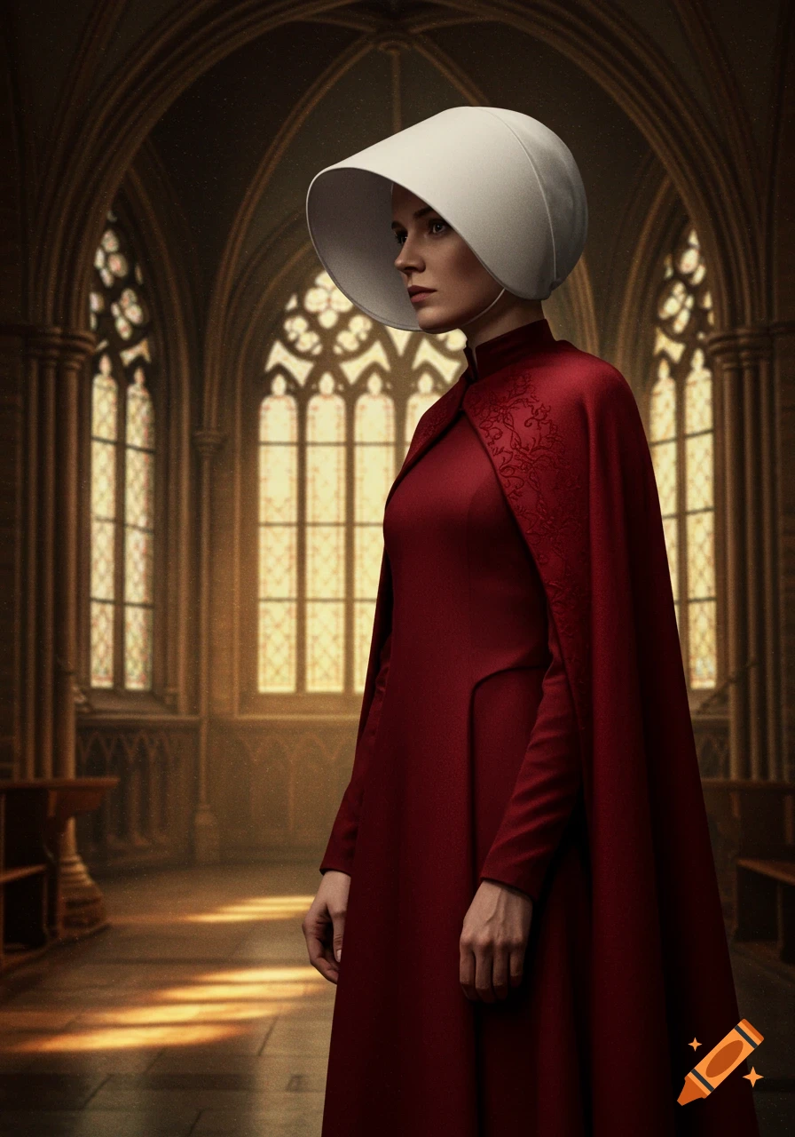 A woman in a red Handmaid's costume with a white bonnet stands in a dimly lit gothic hall with arched windows, photorealistic.