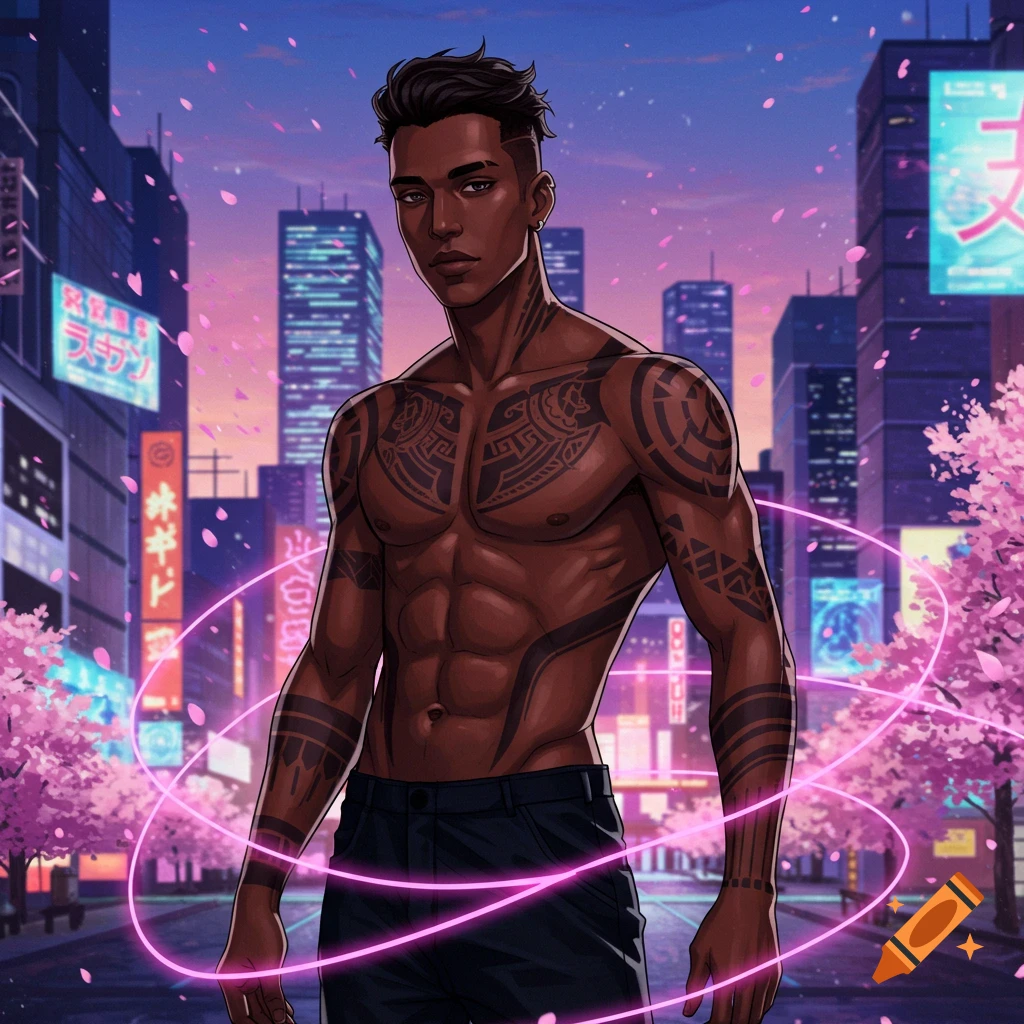 A dark-skinned, tattooed male anime character stands shirtless in a futuristic city with cherry blossoms and neon lights.