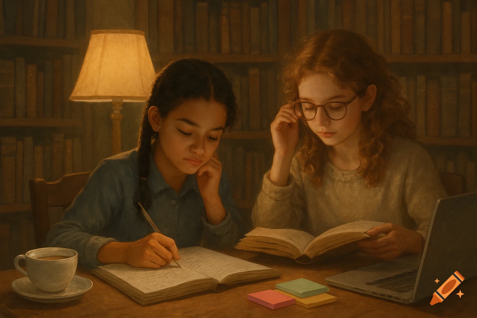 Two girls studying intently at a wooden desk, one writing in a notebook, the other reading a book, in a warm, lamp-lit room with bookshelves.