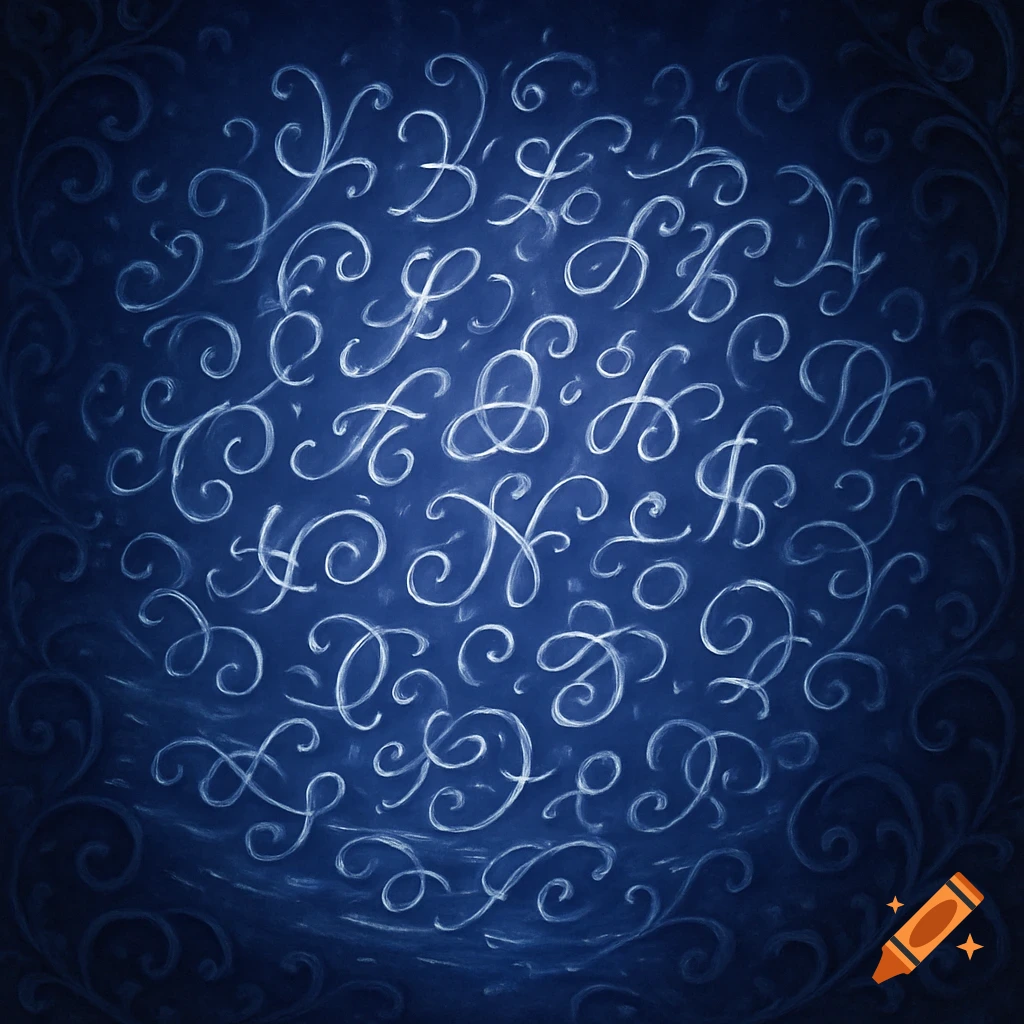 A dark blue background with numerous intricate, swirling white cursive-like glyphs creating a decorative pattern.