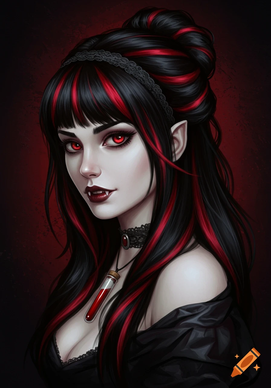 A pale-skinned gothic vampire woman with red eyes, fangs, black hair with red streaks, wearing a lace headband and a blood vial necklace.